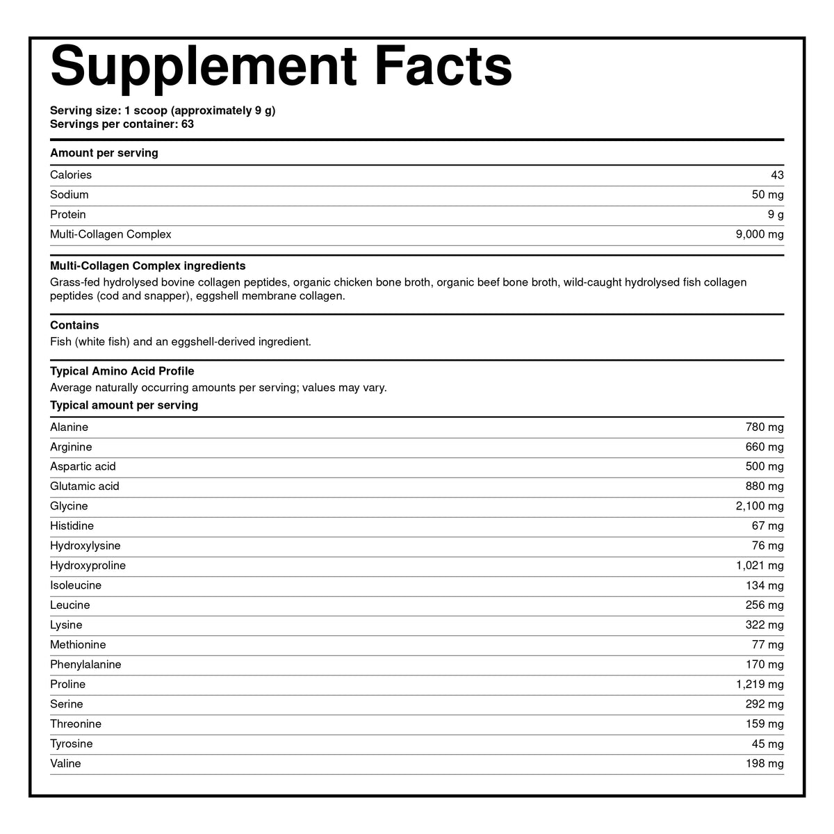 Supplement facts label for Codeage Multi Collagen peptides powder, 567 g