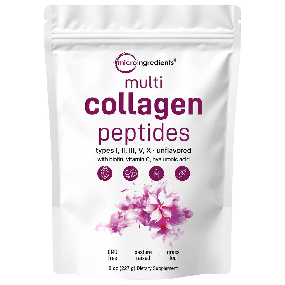 Microingredients multi collagen peptides powder pouch, 8 oz, white with purple print