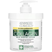 Collagen skin rescue lotion jar with white pump and green label, fragrance-free.