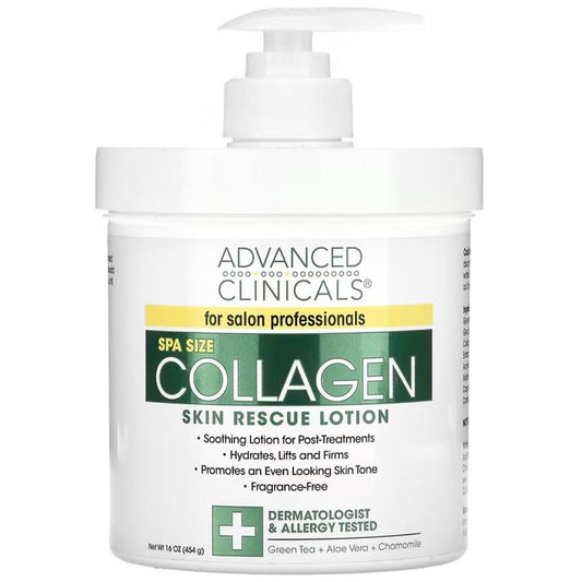 Collagen skin rescue lotion jar with white pump and green label, fragrance-free.