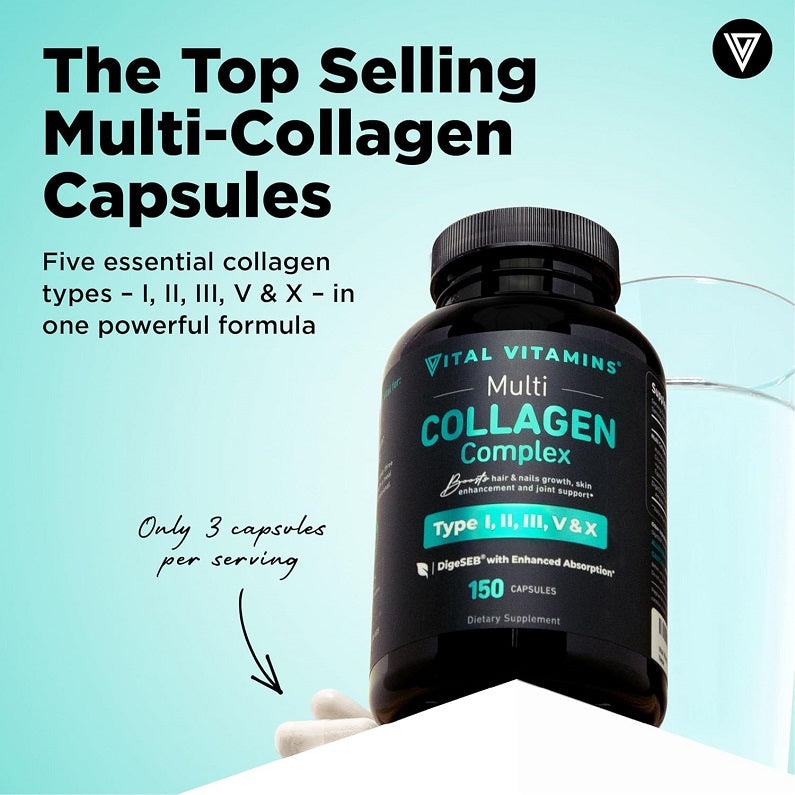 Vital Vitamins Multi Collagen Complex bottle with Type I, II, III, V & X, 150 capsules.