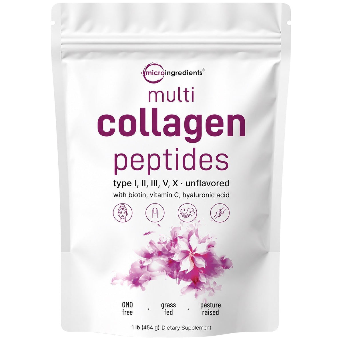 Microingredients multi collagen peptides powder pouch, 1 lb 454 g, white with purple print