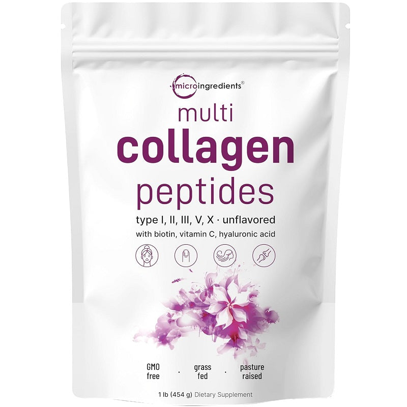 Multi collagen peptides powder pouch, white with purple label; 1 lb size