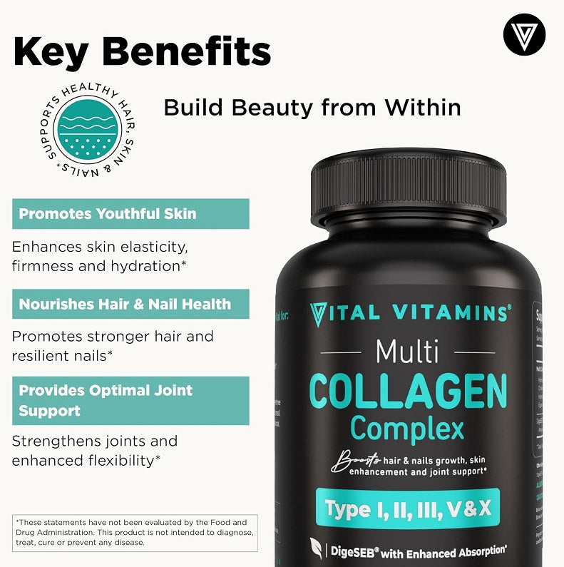 Vital Vitamins Multi Collagen Complex bottle, black cap, Type I, II, III, V & X.