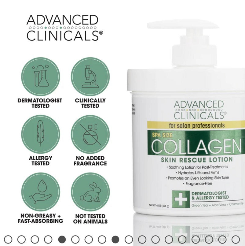 Collagen skin rescue lotion jar with white pump; dermatologist and allergy icons.