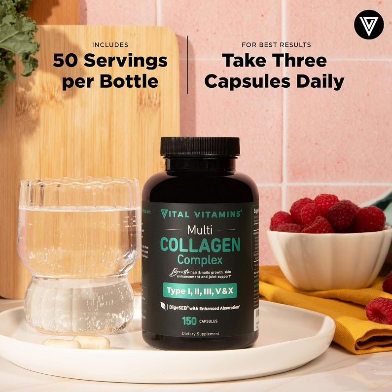 Vital Vitamins Multi Collagen Complex bottle with 150 capsules, black cap, on serving tray.
