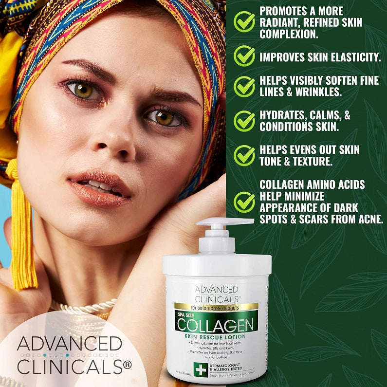 Collagen skin rescue lotion bottle with white pump and green front label.