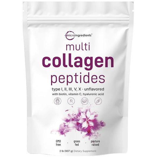 Multi collagen peptides powder pouch, white with purple label and flower graphic