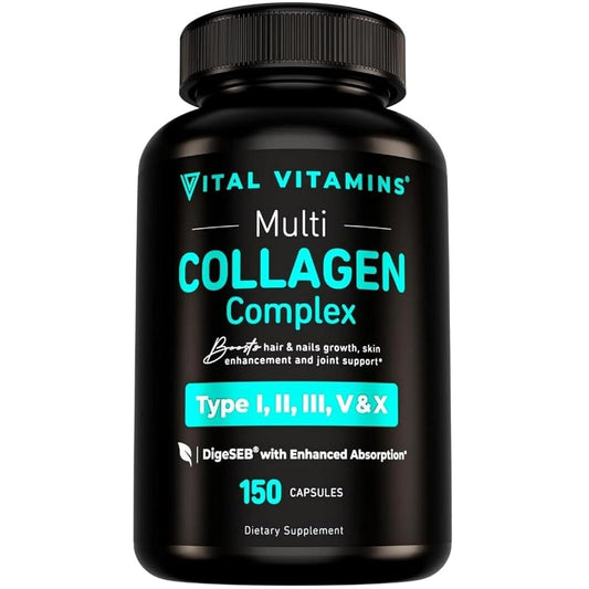 Vital Vitamins Multi Collagen Complex supplement bottle with 150 capsules and black cap.