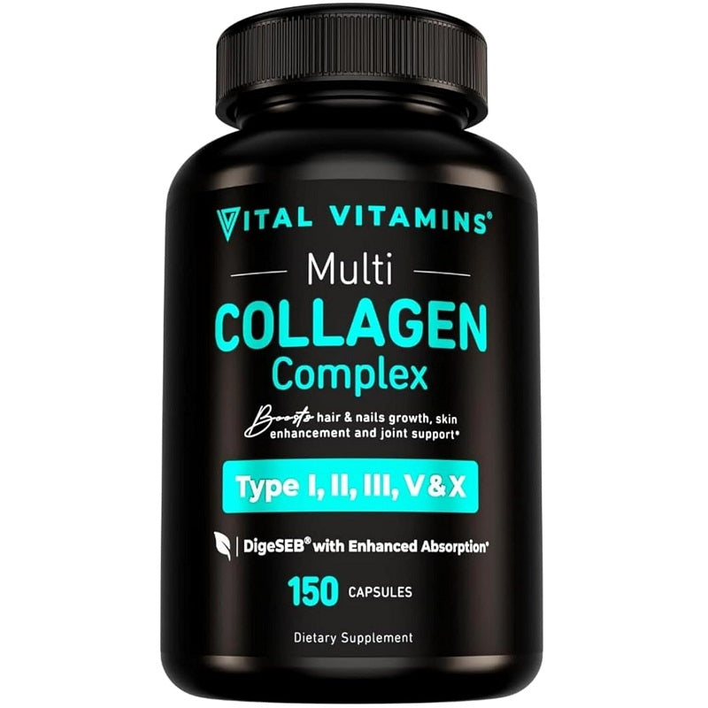 Vital Vitamins Multi Collagen Complex supplement bottle with 150 capsules and black cap.