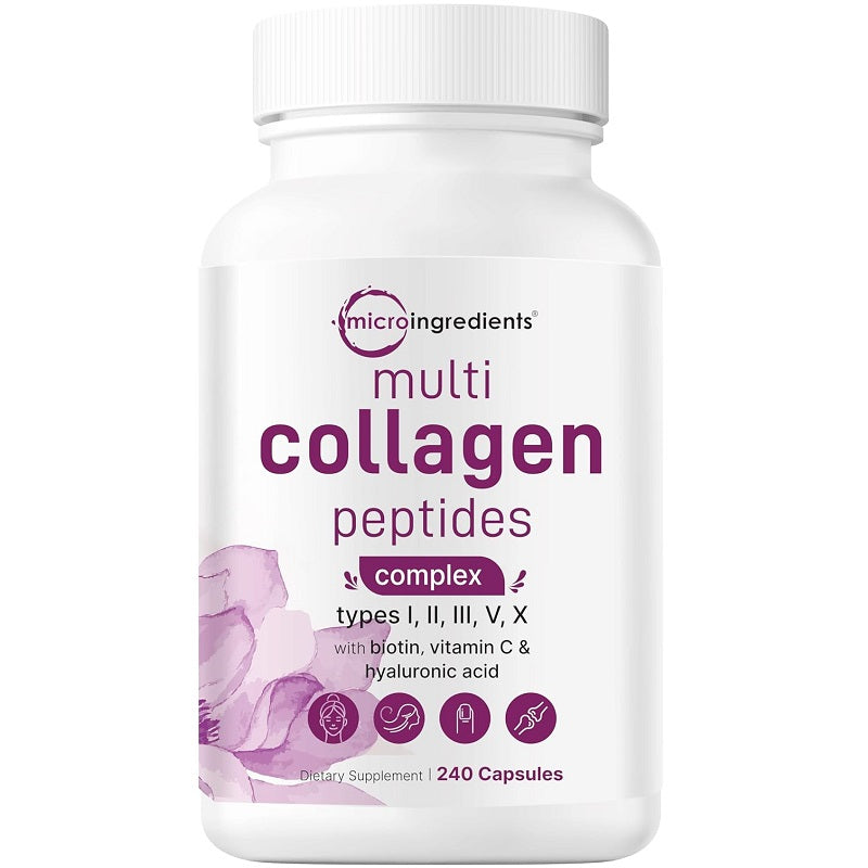 Collagen peptides supplement bottle with label, 240 capsules, complex blend