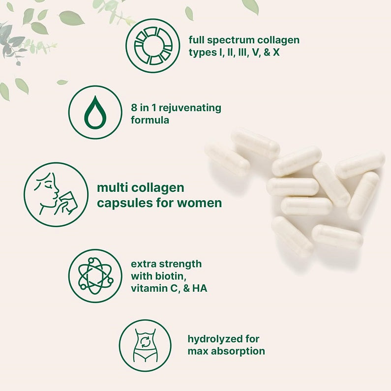 Multi collagen supplement capsules with biotin, vitamin C, and HA, hydrolyzed