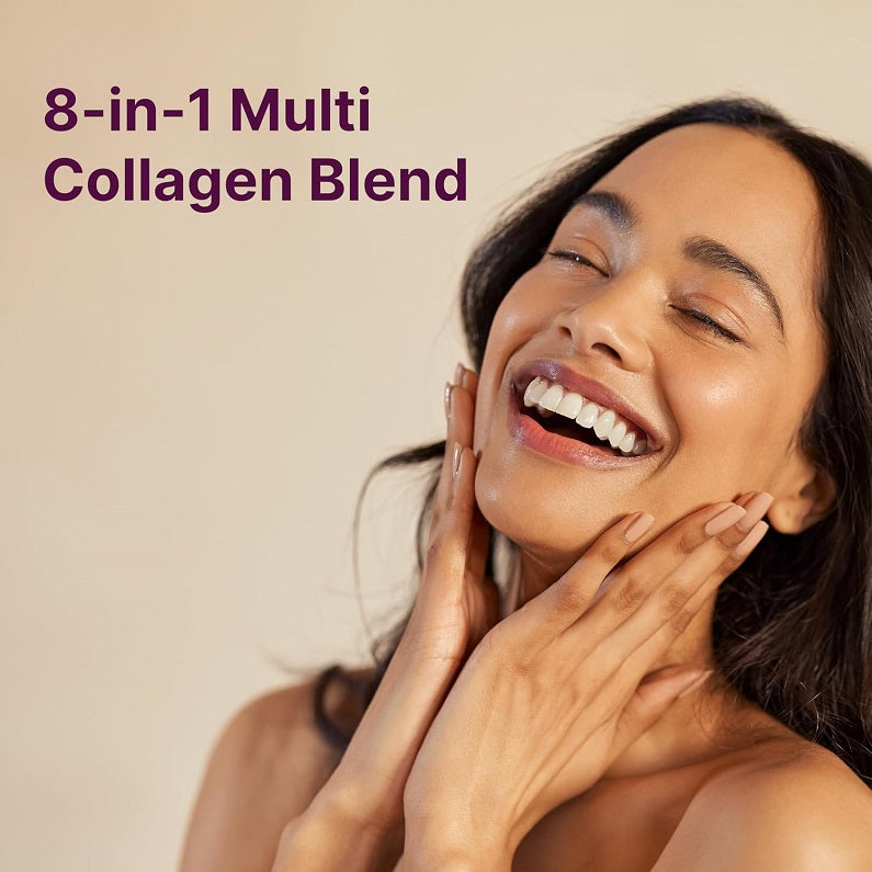 Smiling woman touching cheeks, presenting multi collagen blend supplement use