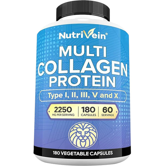 NutriVein Multi Collagen Protein supplement bottle with black ribbed cap and front label