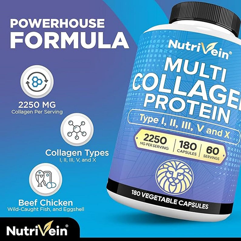 NutriVein Multi Collagen Protein bottle with Type I–X label and black cap