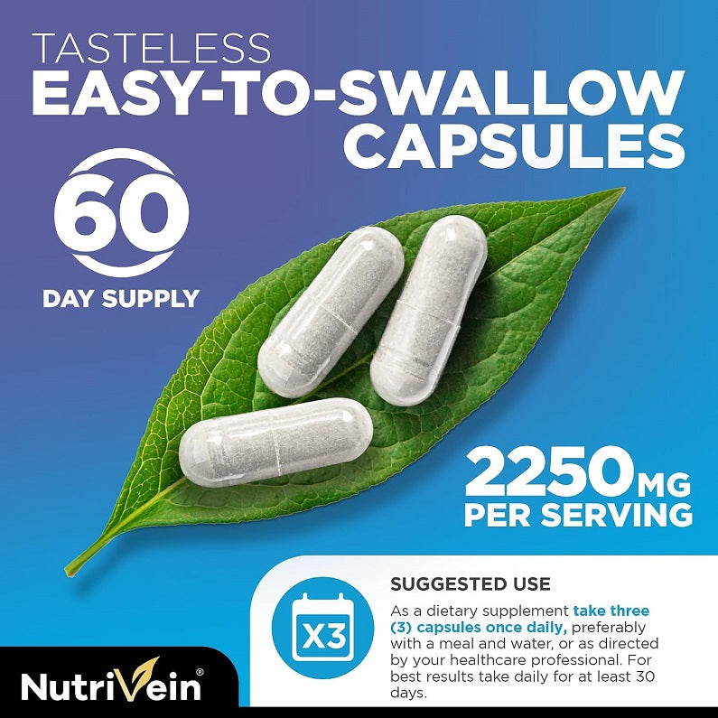 NutriVein Multi Collagen Protein capsules, 60-day supply, three clear capsules on leaves
