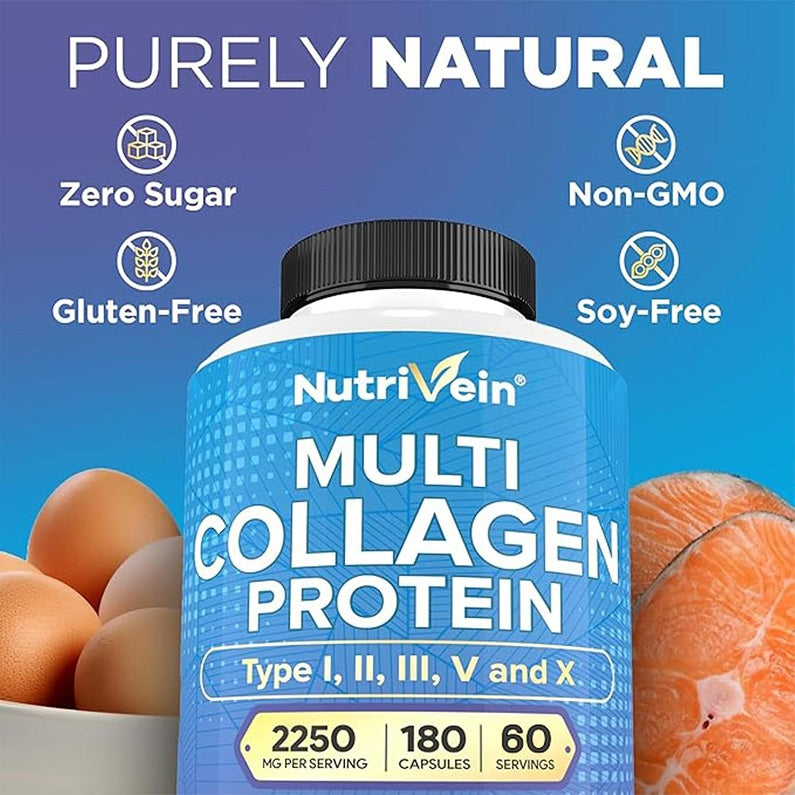 NutriVein Multi Collagen Protein bottle with Type I–X label, eggs and salmon beside it