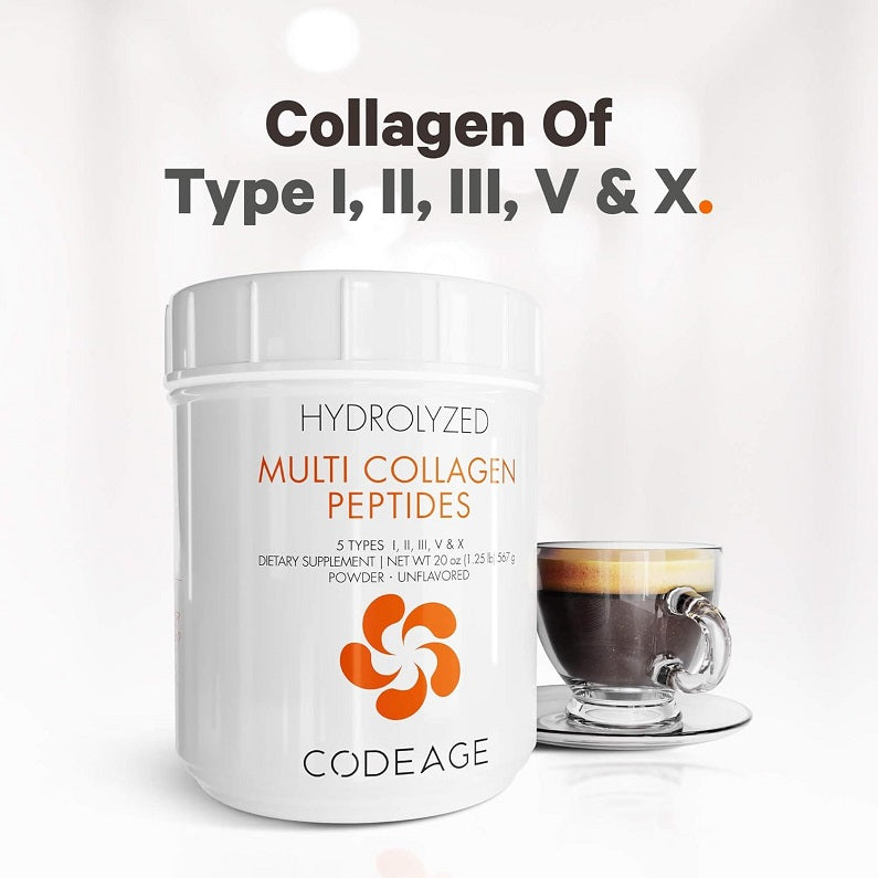 Hydrolyzed multi collagen peptides jar beside cup of dark powder