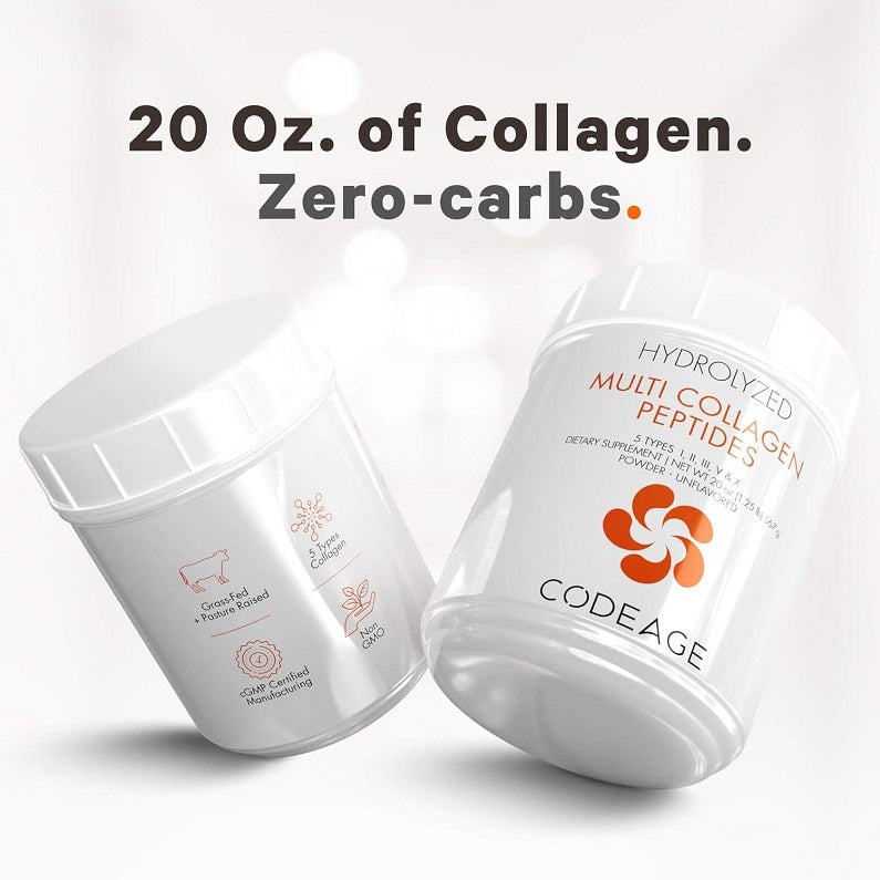 Two hydrolyzed multi collagen peptides powder jars with scooped powder
