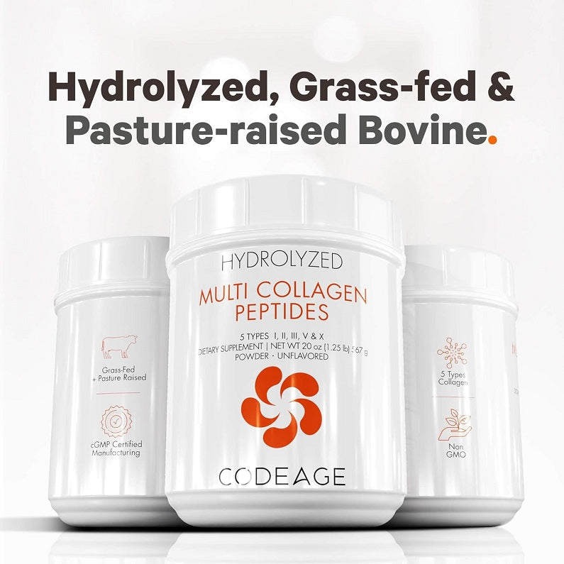 Hydrolyzed multi collagen peptides powder jars stacked with orange logo