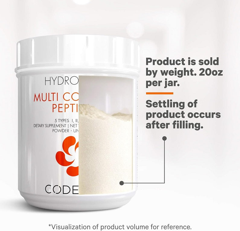 Hydrolyzed multi collagen peptides jar with cutaway showing off-white powder