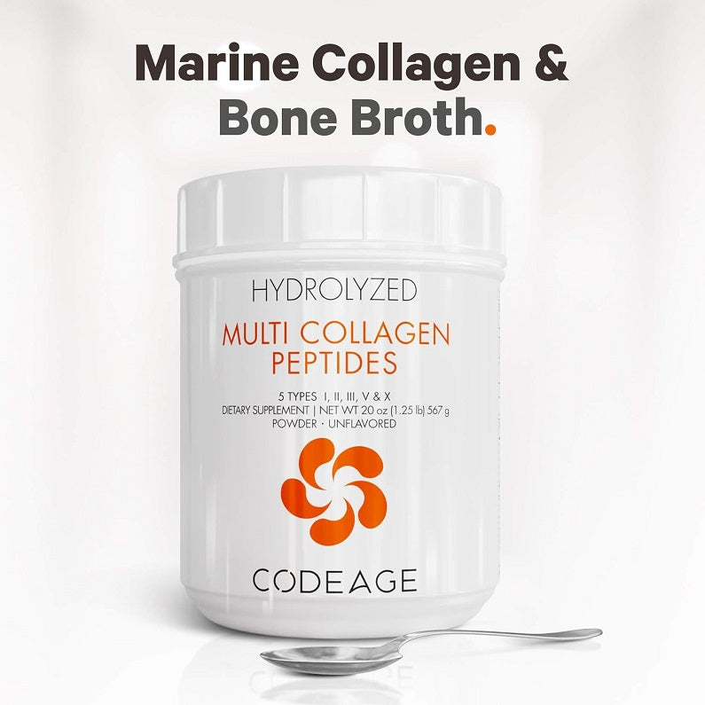 Hydrolyzed multi collagen peptides powder jar with spoon on the side