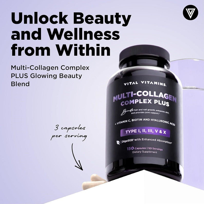 Multi-Collagen Complex Plus supplement bottle with label showing 3 capsules per serving