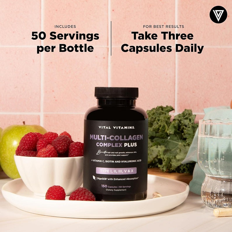 Multi-Collagen Complex Plus supplement bottle showing 50 servings and take three capsules daily