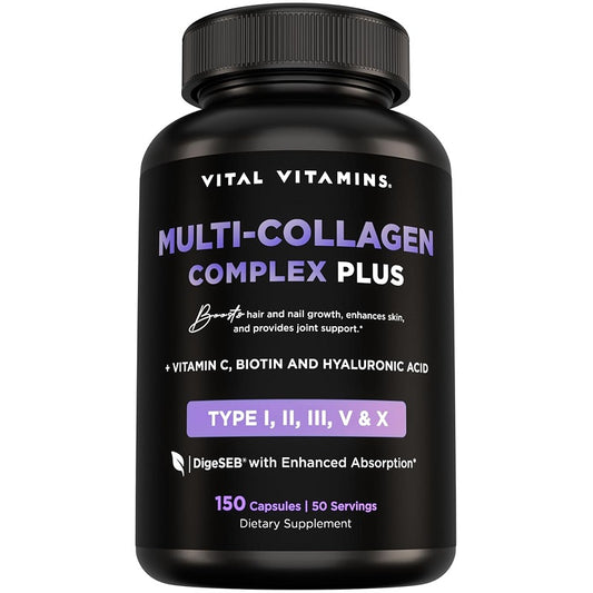 Vital Vitamins black supplement bottle with purple Multi-Collagen Complex Plus label, 150 capsules