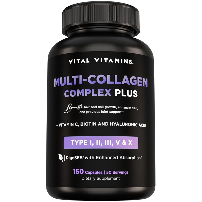 Vital Vitamins black supplement bottle with purple Multi-Collagen Complex Plus label, 150 capsules