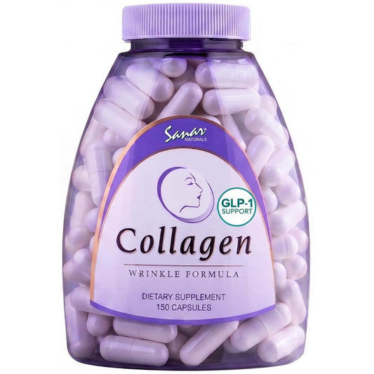 Sanar Naturals Collagen Wrinkle Formula dietary supplement bottle with purple capsules
