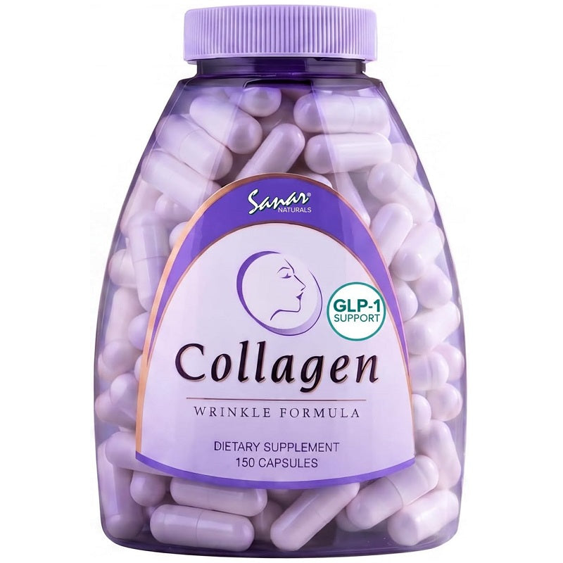 Sanar Naturals Collagen Wrinkle Formula dietary supplement bottle with purple capsules
