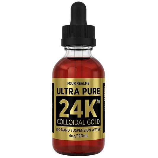 Four Realms Ultra Pure 24K colloidal gold bottle with black dropper cap, amber liquid