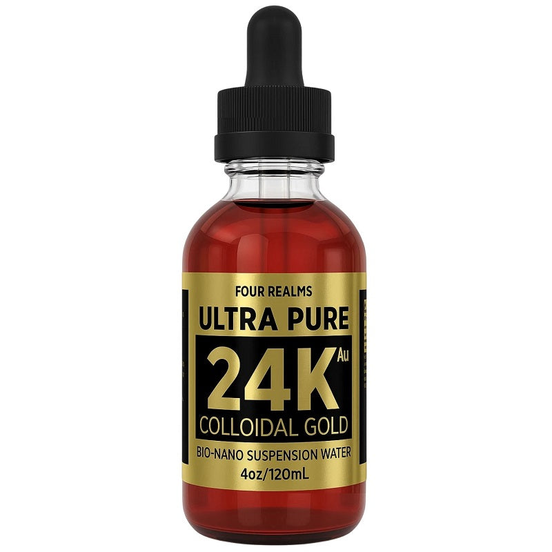 Four Realms Ultra Pure 24K colloidal gold bottle with black dropper cap, amber liquid