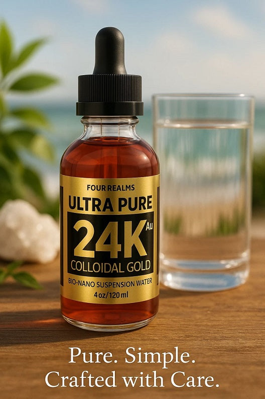 Four Realms Ultra Pure 24K colloidal gold bottle, amber formula in clear glass with black cap