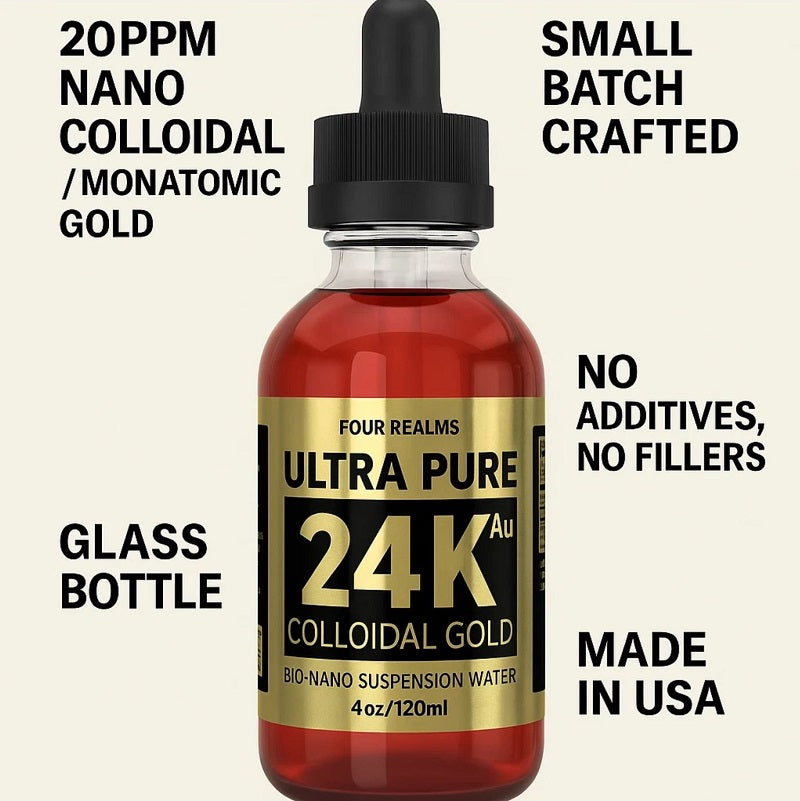 Four Realms Ultra Pure 24K colloidal gold bottle in amber glass with black dropper cap