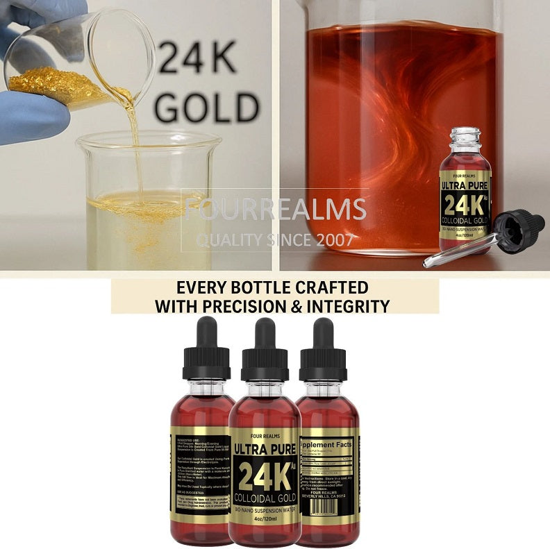 Set of three Four Realms Ultra Pure 24K colloidal gold bottles with black dropper caps