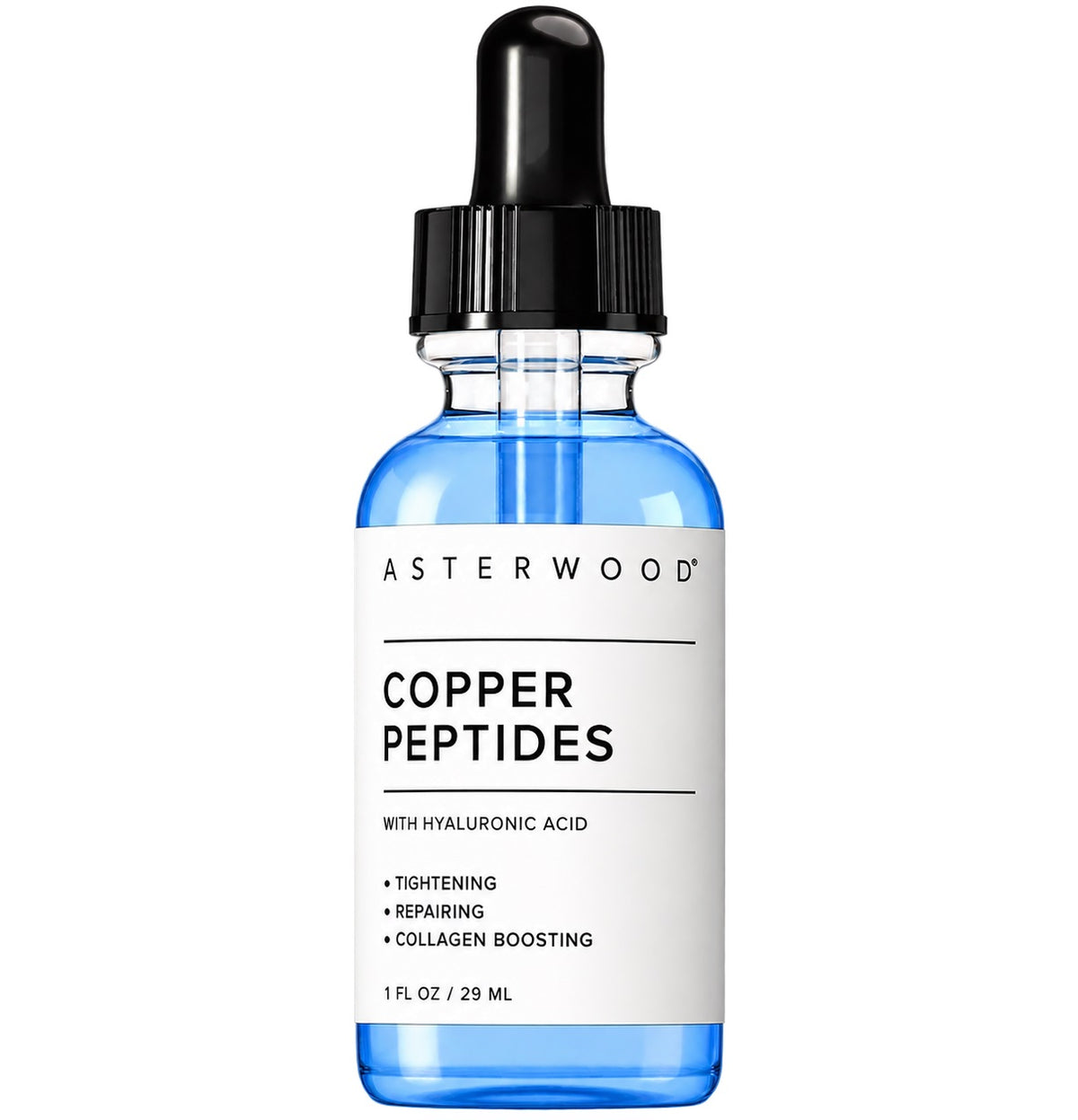 Copper peptides serum bottle with black dropper, blue liquid, 29 ml