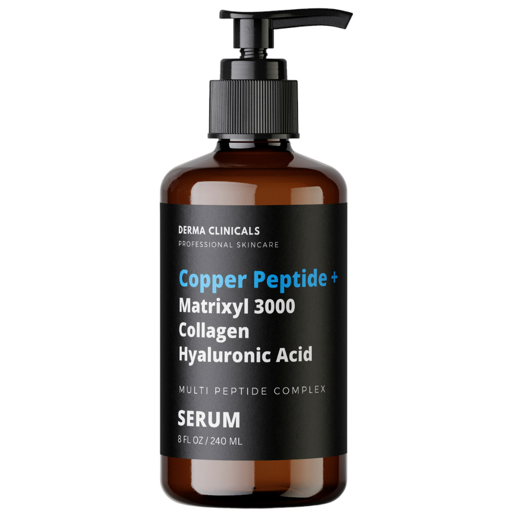 Amber copper peptide anti-aging serum bottle with black pump, 240 ml