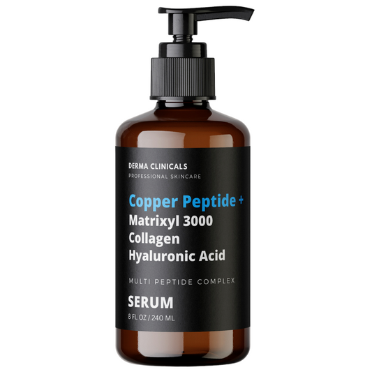 Amber copper peptide anti-aging serum bottle with black pump, 240 ml