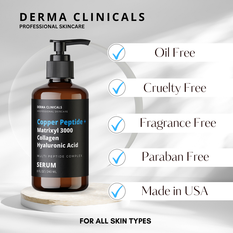 Copper peptide serum bottle with black pump; oil-free, cruelty-free, fragrance-free, paraben-free