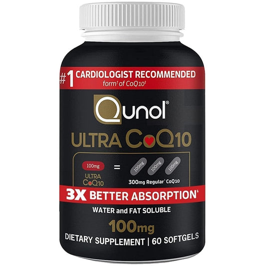 Qunol Ultra CoQ10 100mg dietary supplement bottle with white ribbed cap, 60 softgels