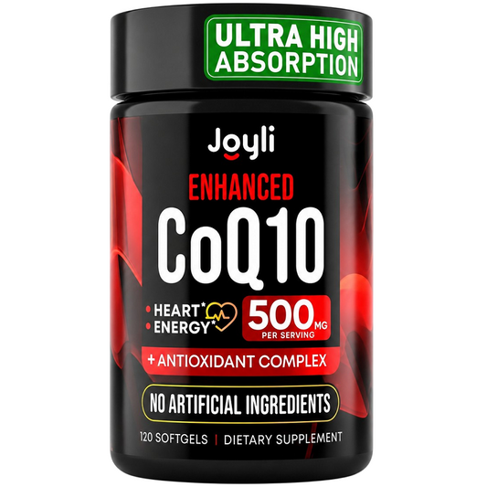 CoQ10 500 mg supplement bottle, black with Ultra High Absorption label
