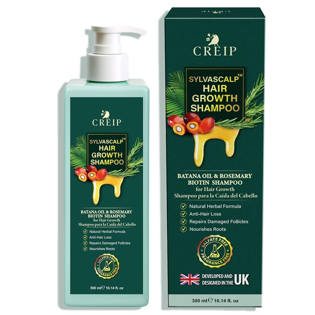 Creip rosemary & batana oil shampoo bottle, green bottle with white pump