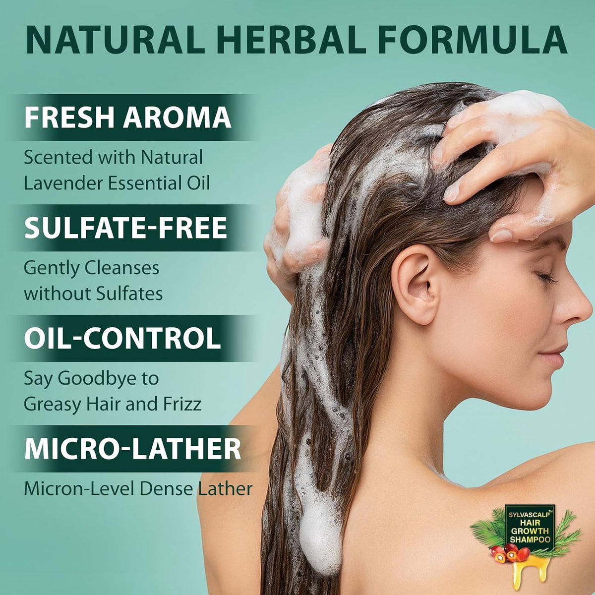 Hair shampoo marketing panel showing lather, hand washing hair, and pump bottle
