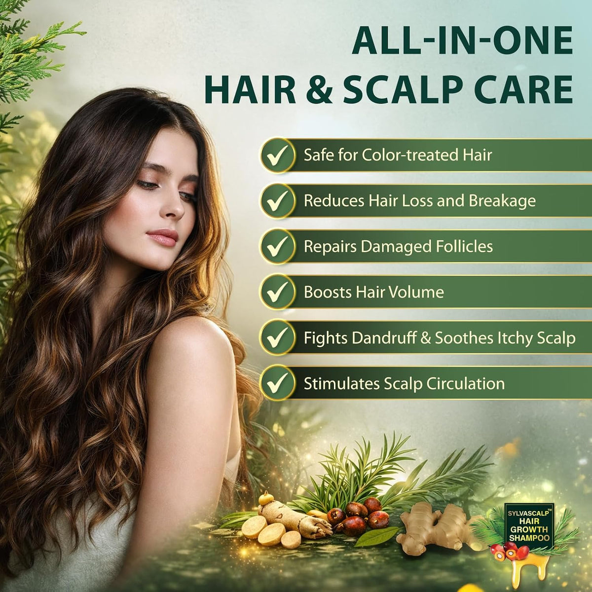 All-in-one hair & scalp care shampoo infographic with woman holding hair and product icon