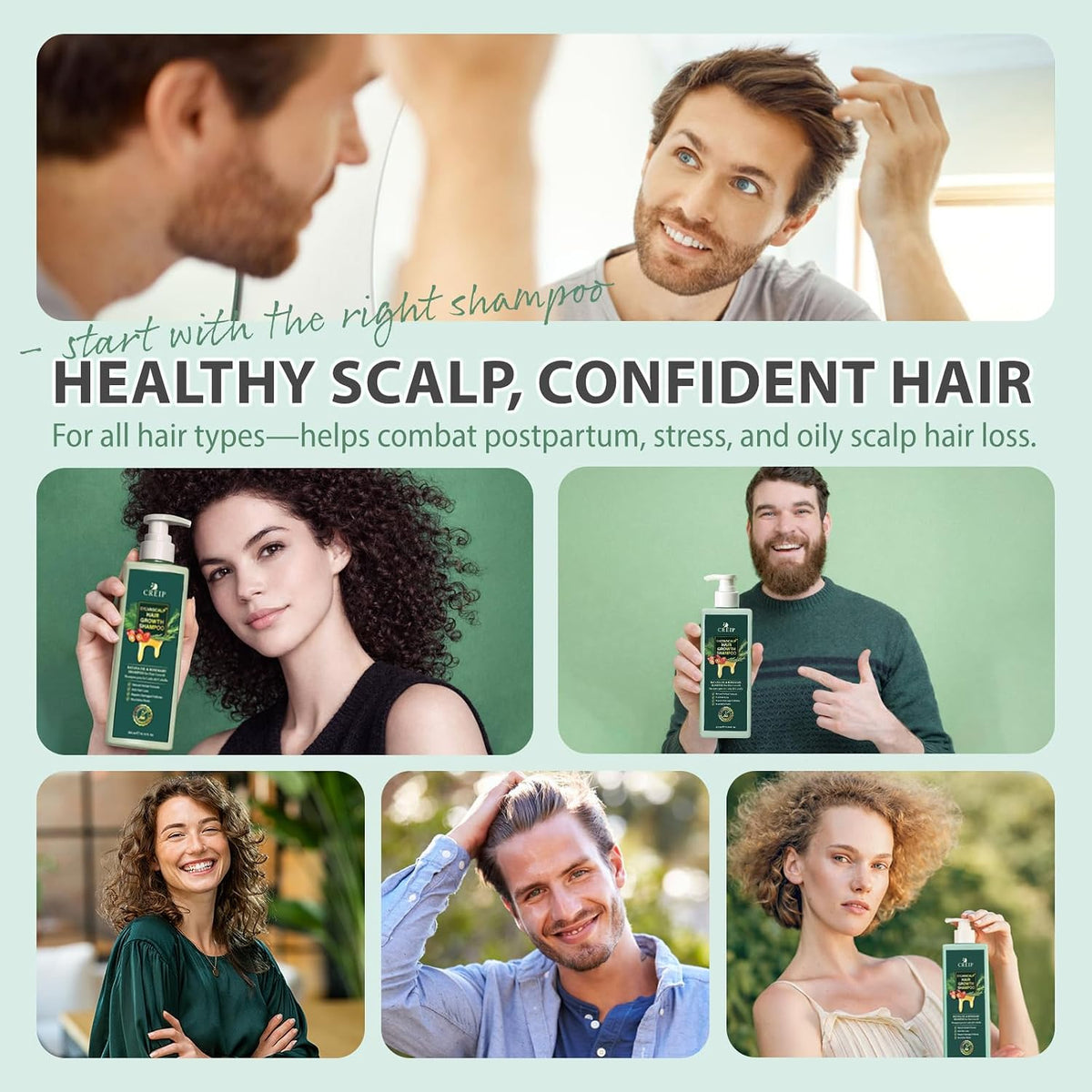 Healthy scalp and confident hair shampoo ad with product bottle and people smiling