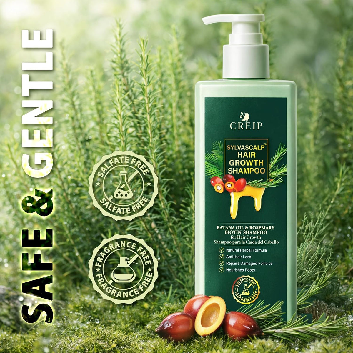 Creip sulfate-free shampoo bottle with rosemary sprigs and batana fruit imagery