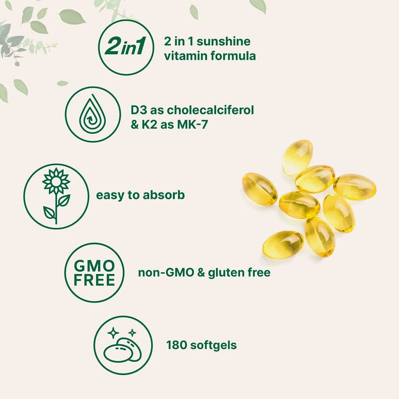 Vitamin D3 + K2 softgels info graphic with yellow capsules, non-GMO and gluten-free