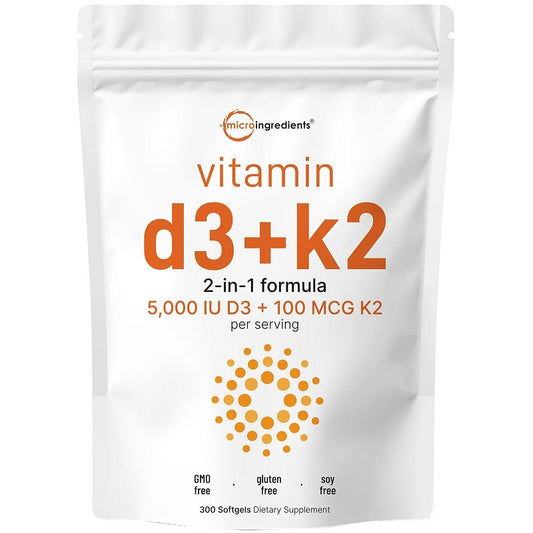 Vitamin D3 + K2 softgels pouch, 2-in-1 formula 5,000 IU D3 and 100 mcg K2